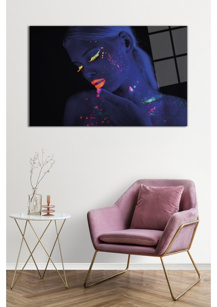 Rengarenk Parıltılı Mavi Kadın Portresi Cam Tablo, Darbelere Dayanıklı Kırılmaz Cam, Hediyelik fiyatları