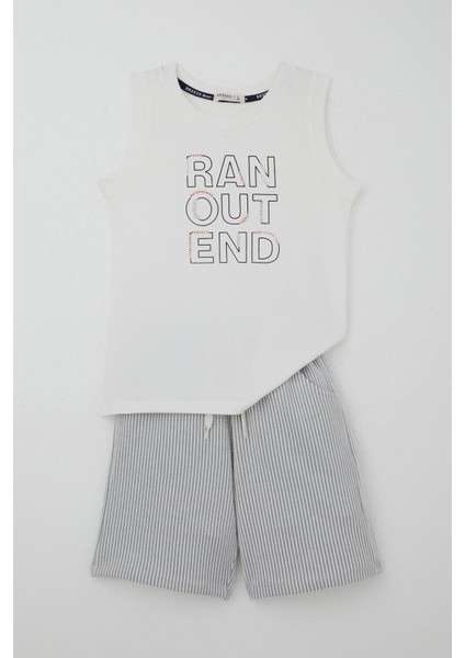 Erkek Çocuk Şortlu Takım Sıfır Kollu Yazı Baskılı Bağcık Aksesuarlı 8-14 Yaş, Beyaz