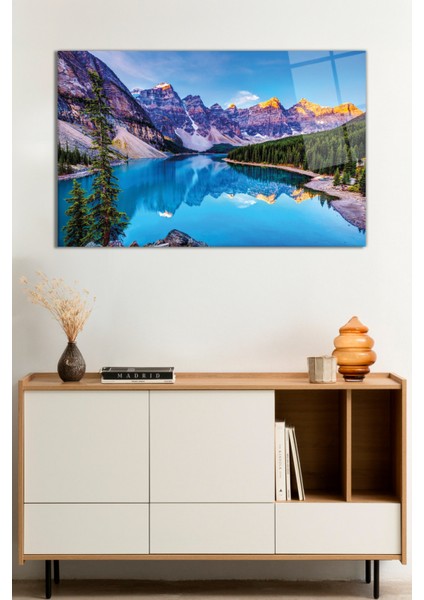 Yeşil Ağaçlar Dağ Göl Yansıması Doğa Manzarası Cam Tablo, Darbelere Dayanıklı Kırılmaz Cam Hediyelik