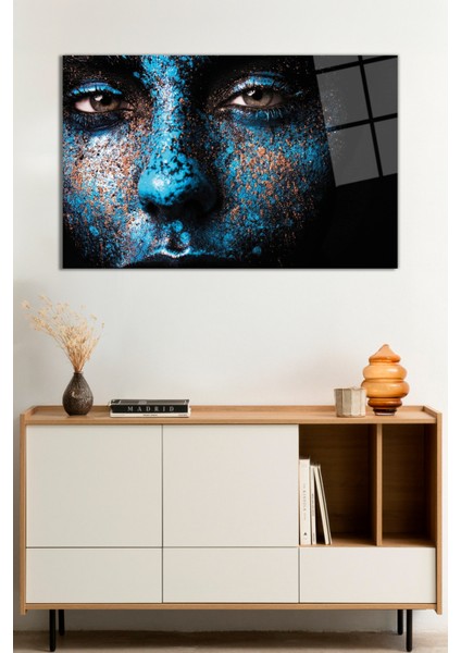 Mavi Boyalı Kadın Portresi Cam Tablo, Darbelere Dayanıklı Kırılmaz Cam, Hediyelik