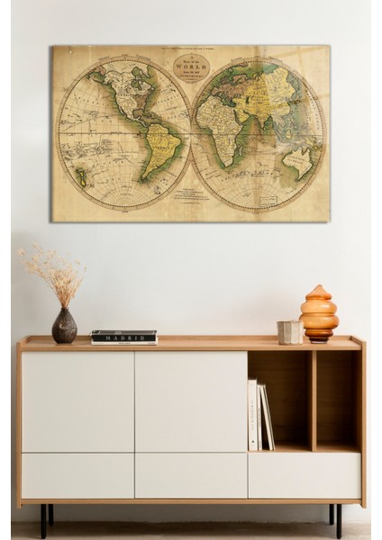 Eski Görünümlü Dünya Haritası Cam Tablo, Darbelere Dayanıklı Kırılmaz Cam, Hediyelik