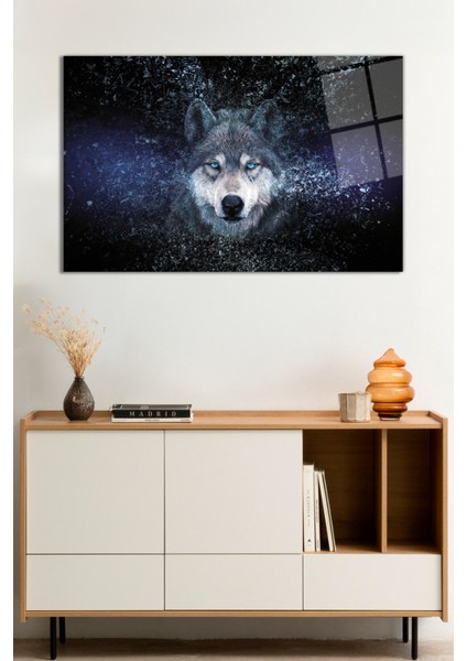Mavi Gözlü Soyut Kurt Portresi Cam Tablo, Darbelere Dayanıklı Kırılmaz Cam, Hediyelik