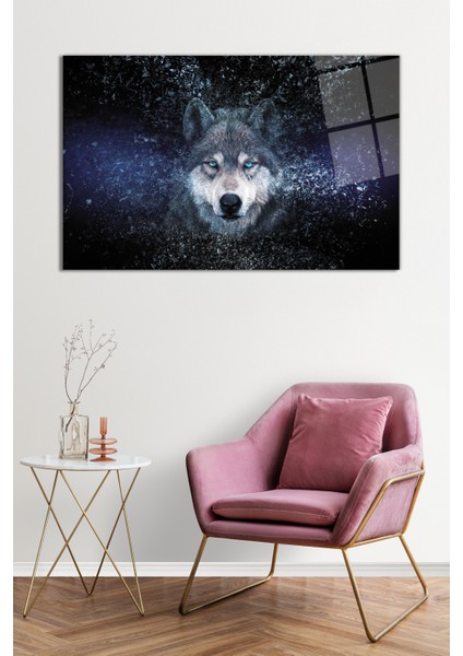 Mavi Gözlü Soyut Kurt Portresi Cam Tablo, Darbelere Dayanıklı Kırılmaz Cam, Hediyelik fiyatları