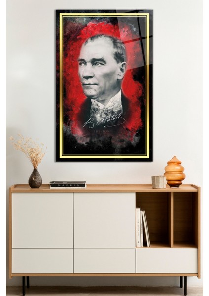 Gold Şeritli Imzalı Atatürk Portresi Cam Tablo, Darbelere Dayanıklı Kırılmaz Cam, Hediyelik