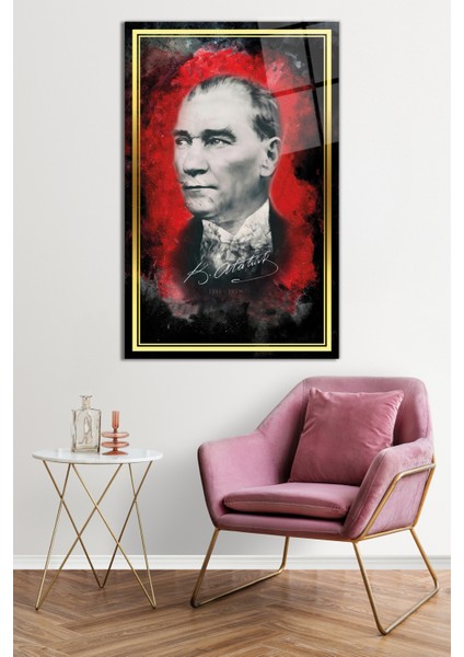 Gold Şeritli Imzalı Atatürk Portresi Cam Tablo, Darbelere Dayanıklı Kırılmaz Cam, Hediyelik fiyatları