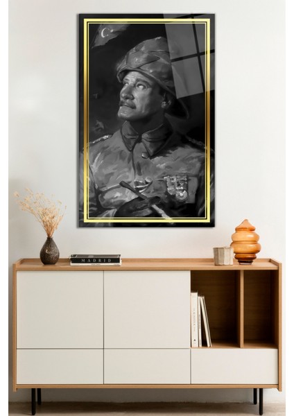 Gold Şeritli Cephede Atatürk Portresi Cam Tablo, Temperli Rodajlı Dayanıklı Kırılmaz Cam, Hediyelik
