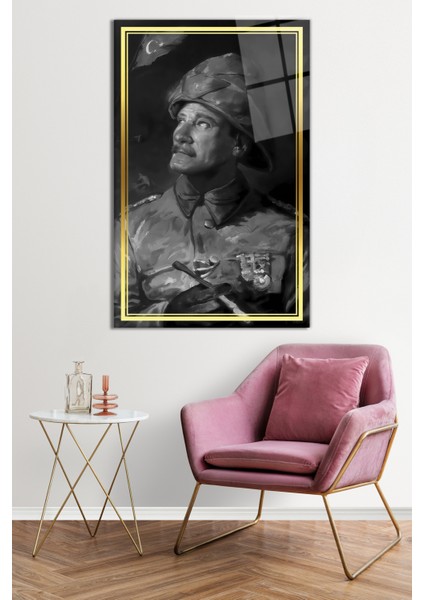 Gold Şeritli Cephede Atatürk Portresi Cam Tablo, Temperli Rodajlı Dayanıklı Kırılmaz Cam, Hediyelik fiyatları