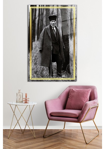 Gold Şeritli Gri Ormanda Atatürk Cam Tablo, Darbelere Dayanıklı Kırılmaz Cam, Hediyelik fiyatları