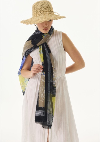 Faylinn Sarmaşık Desen Siyah-Yağ Yeşil Pamuklu Şal