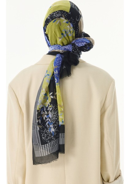 Faylinn Sarmaşık Desen Siyah-Yağ Yeşil Pamuklu Şal