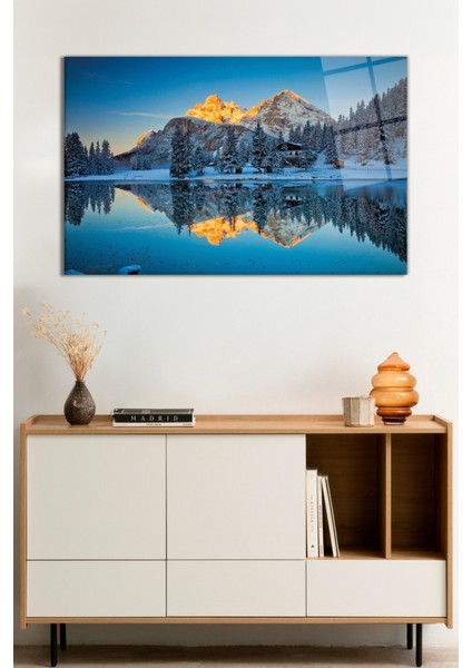 Karlı Ağaçlar ve Dağ Yansıması Doğa Manzarası Cam Tablo, Darbelere Dayanıklı Kırılmaz Cam, Hediyelik