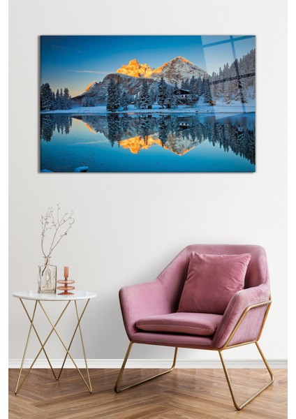Karlı Ağaçlar ve Dağ Yansıması Doğa Manzarası Cam Tablo, Darbelere Dayanıklı Kırılmaz Cam, Hediyelik fiyatları