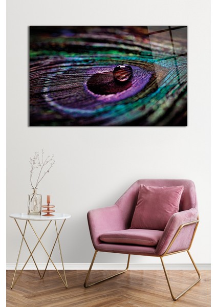 Tavuskuşu Tüyü Üstünde Su Damlası Cam Tablo, Darbelere Dayanıklı Kırılmaz Cam, Hediyelik fiyatları