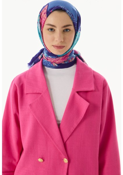 Faylinn Sarmaşık Desen Saks Mavi-Fuşya Pamuklu Şal