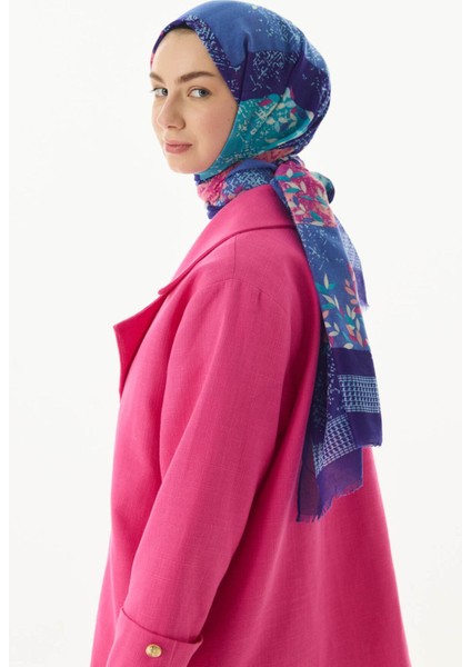 Faylinn Sarmaşık Desen Saks Mavi-Fuşya Pamuklu Şal fırsatları