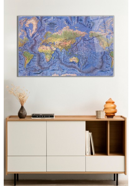 Dünya Okyanus Haritası Cam Tablo, Darbelere Dayanıklı Kırılmaz Cam, Hediyelik