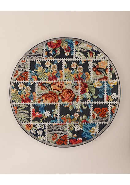 Noyers Daire Halı - Siyah/Kızıl Mavi - 160x160 cm