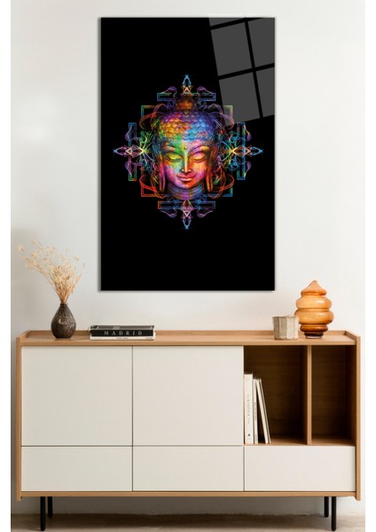 Siyah Zeminde Renkli Buda Kafası Cam Tablo, Darbelere Dayanıklı Kırılmaz Cam, Hediyelik