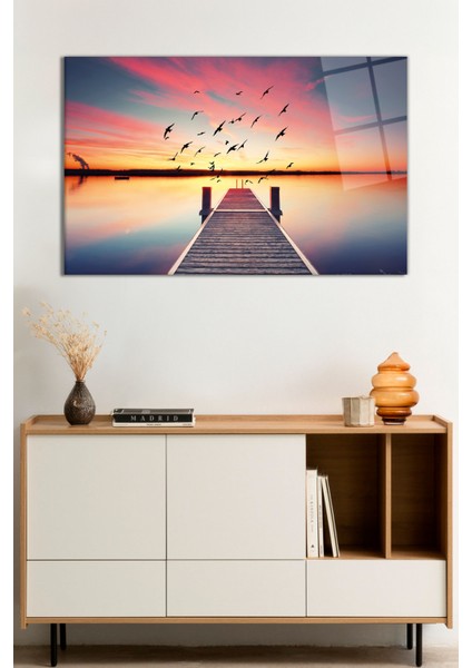 Iskele Deniz ve Kuşlar Manzarası Cam Tablo, Darbelere Dayanıklı Kırılmaz Cam, Hediyelik