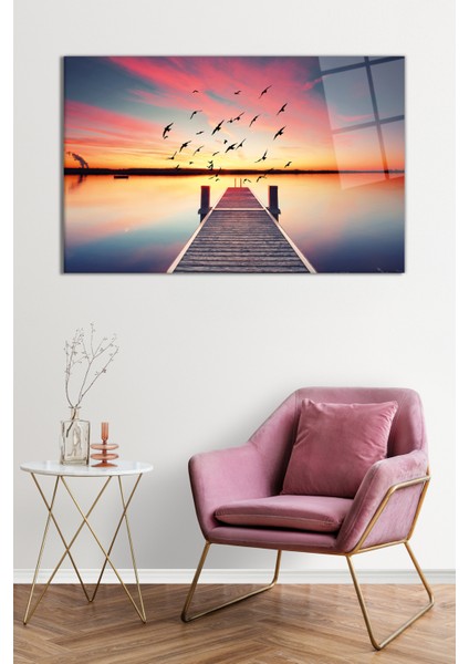 Iskele Deniz ve Kuşlar Manzarası Cam Tablo, Darbelere Dayanıklı Kırılmaz Cam, Hediyelik fiyatları