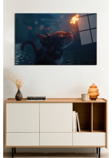 Kedi ve Kelebek Hayvan Soyut Cam Tablo, Darbelere Dayanıklı Kırılmaz Cam, Hediyelik