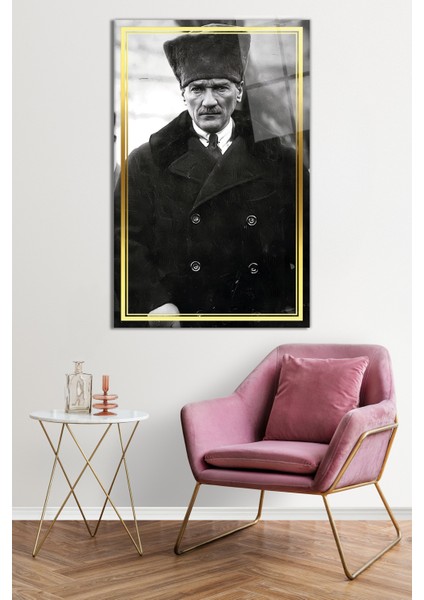 Gold Şeritli Palto ve Kalpaklı Atatürk Cam Tablo, Darbelere Dayanıklı Kırılmaz Cam, Hediyelik fiyatları