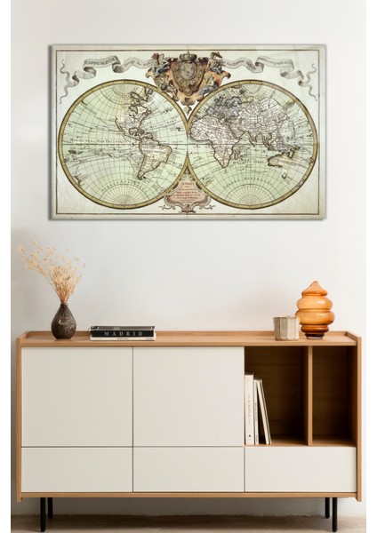 Vintage Eski Dünya Haritası Cam Tablo, Darbelere Dayanıklı Kırılmaz Cam, Hediyelik