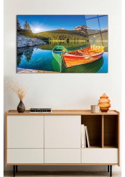 Göl, Kaya, Kayık ve Orman Doğa Manzarası Cam Tablo, Darbelere Dayanıklı Kırılmaz Cam, Hediyelik