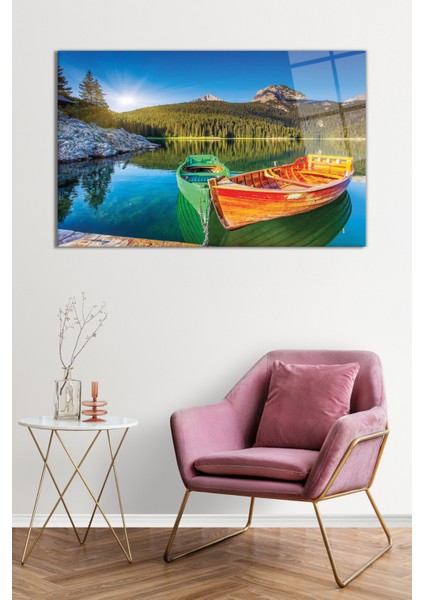 Göl, Kaya, Kayık ve Orman Doğa Manzarası Cam Tablo, Darbelere Dayanıklı Kırılmaz Cam, Hediyelik fiyatları