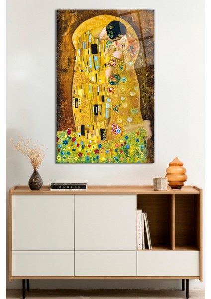 Gustav Klimt Öpücük Der Kuss Sanat Cam Tablo, Darbelere Dayanıklı Kırılmaz Cam, Hediyelik