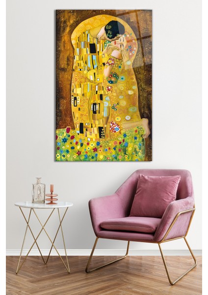 Gustav Klimt Öpücük Der Kuss Sanat Cam Tablo, Darbelere Dayanıklı Kırılmaz Cam, Hediyelik fiyatları