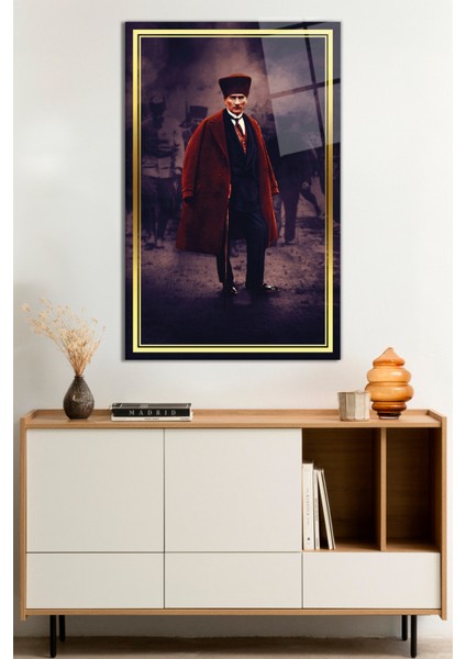 Gold Şeritli Mustafa Kemal Atatürk Portresi Cam Tablo, Darbelere Dayanıklı Kırılmaz Cam, Hediyelik
