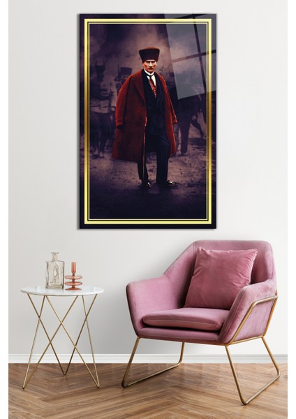 Gold Şeritli Mustafa Kemal Atatürk Portresi Cam Tablo, Darbelere Dayanıklı Kırılmaz Cam, Hediyelik fiyatları