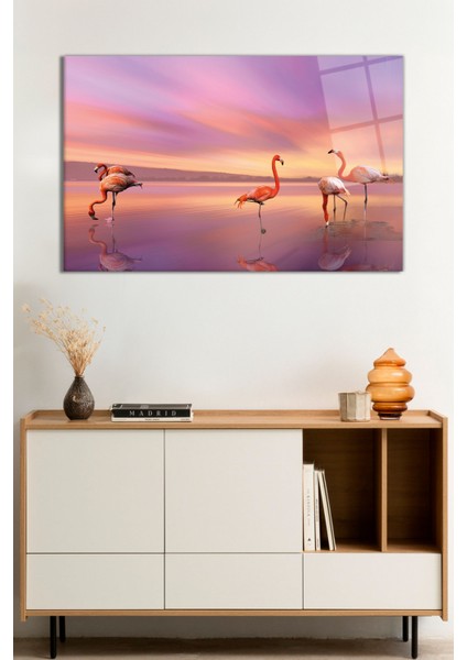Pembe Flamingolar ve Göl Doğa Manzarası Cam Tablo, Darbelere Dayanıklı Kırılmaz Cam, Hediyelik