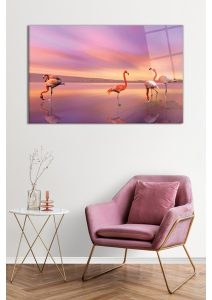 Pembe Flamingolar ve Göl Doğa Manzarası Cam Tablo, Darbelere Dayanıklı Kırılmaz Cam, Hediyelik fiyatları