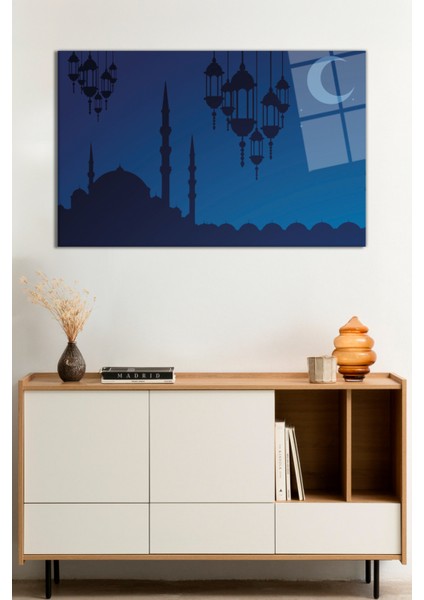Mavi Cami ve Hilal Dini Islami Cam Tablo, Darbelere Dayanıklı Kırılmaz Cam, Hediyelik
