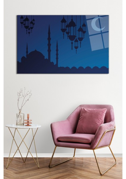 Mavi Cami ve Hilal Dini Islami Cam Tablo, Darbelere Dayanıklı Kırılmaz Cam, Hediyelik fiyatları