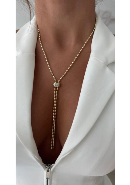 Çelik Badem Zincirli Taşlı Y Kolye