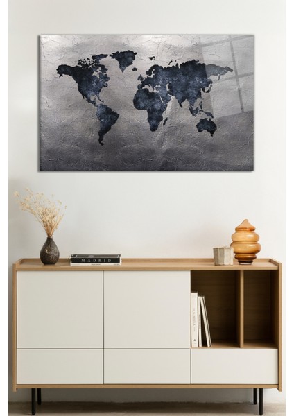 Eskitme Soyut Detaysız Dünya Haritası Cam Tablo, Ev ve Ofis Duvar Dekoru, Hediyelik, Temperli Cam