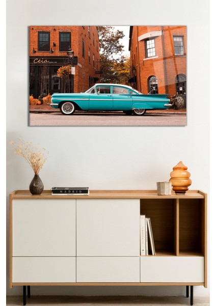 Mavi Klasik Otomobil ve Sokak Manzarası Cam Tablo, Darbelere Dayanıklı Kırılmaz Cam, Hediyelik