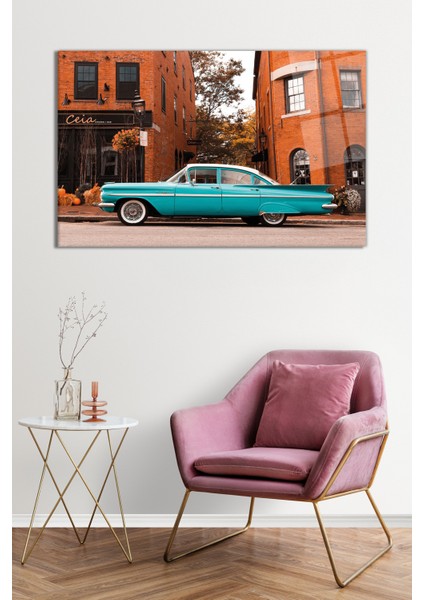 Mavi Klasik Otomobil ve Sokak Manzarası Cam Tablo, Darbelere Dayanıklı Kırılmaz Cam, Hediyelik fiyatları