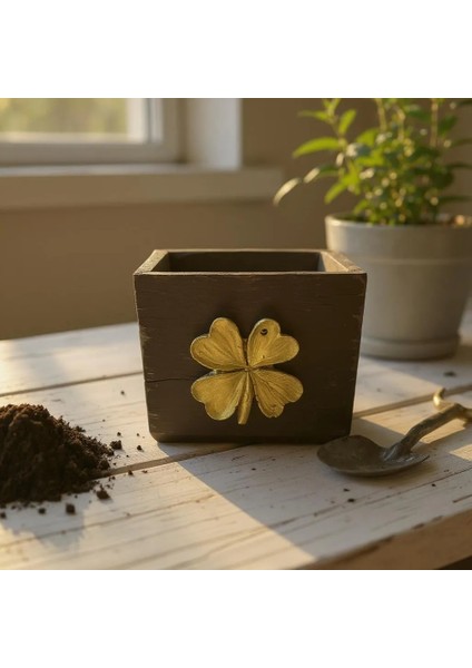 Dekoratif Beton Saksı Kare Modern Kahve Yonca Tema 15X15 cm