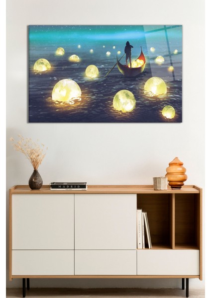 Ay Toplayıcı, Kayık ve Deniz Manzarası Cam Tablo, Darbelere Dayanıklı Kırılmaz Cam, Hediyelik