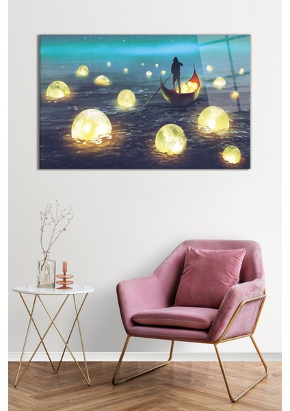 Ay Toplayıcı, Kayık ve Deniz Manzarası Cam Tablo, Darbelere Dayanıklı Kırılmaz Cam, Hediyelik fiyatları