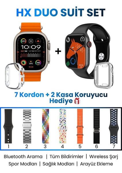 Hx Duo Suit Max 2'li Akıllı Saat Watch Ultra 2 | Watch 9 Akıllı Saat & 7 Kordon ve Koruyucu Hediye