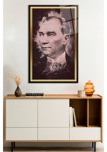 Gold Şeritli Imzalı Atatürk Portresi Cam Tablo, Darbelere Dayanıklı Kırılmaz Cam, Hediyelik