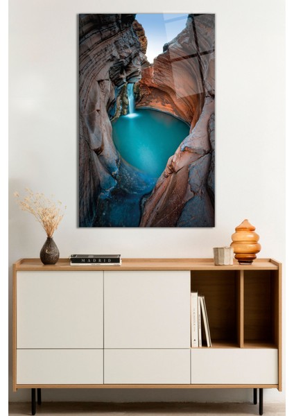 Şelale, Göl, Kaya ve Mavi Doğa Manzarası Cam Tablo, Darbelere Dayanıklı Kırılmaz Cam, Hediyelik