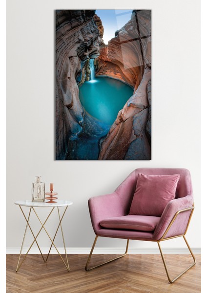 Şelale, Göl, Kaya ve Mavi Doğa Manzarası Cam Tablo, Darbelere Dayanıklı Kırılmaz Cam, Hediyelik fiyatları