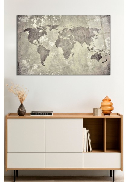 Eskitme Krem Soyut Dünya Haritası Cam Tablo, Darbelere Dayanıklı Kırılmaz Cam, Hediyelik