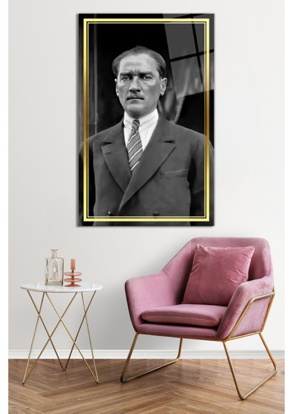 Gold Şeritli Takım Elbiseli Atatürk Cam Tablo, Darbelere Dayanıklı Kırılmaz Cam, Hediyelik fiyatları